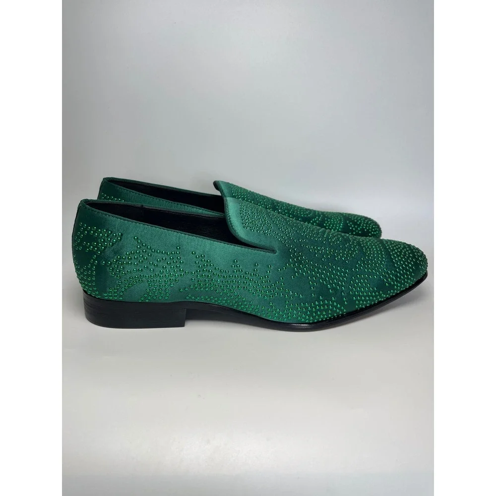 La Milano Mens Emerald Green Satin Rhinestone Studded Loafers Slip On Shoes 14